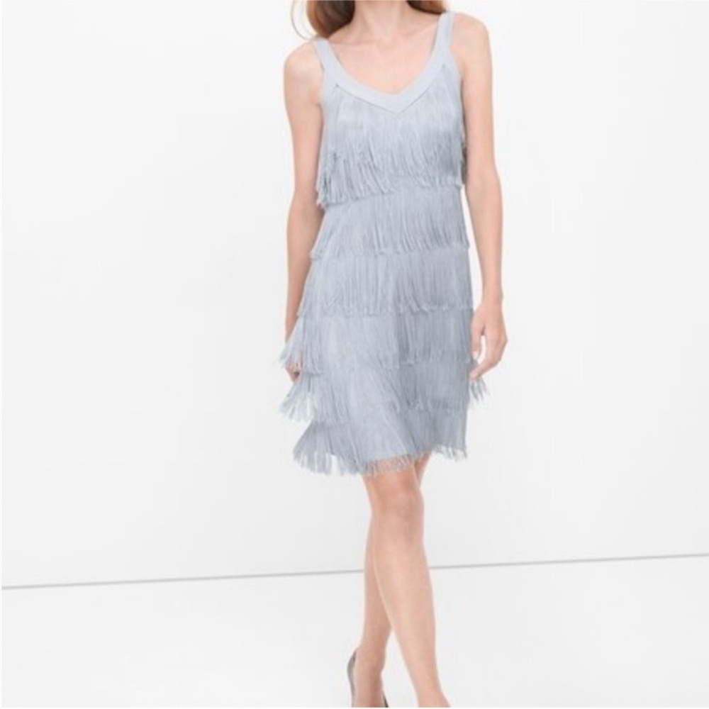 White House Black Market fringe dress in grey sz small.